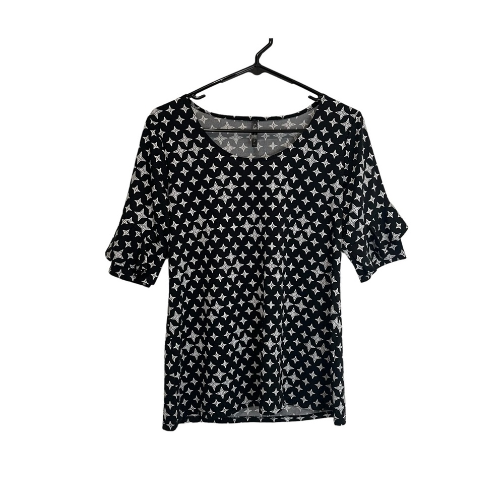 Forever Jade Black Star Geometric Black White Ruffle Sleeve Top Womens Size M